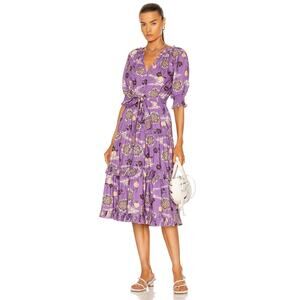 Ulla Johnson Dasha Midi Dress Purple Floral Pockets Poplin Puff Sleeves Size 6
